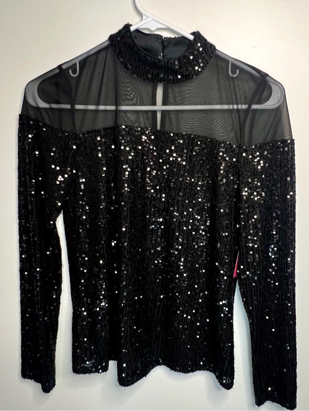 Vince Camuto Black Sequin Mesh Mock Neck Top XS NWT